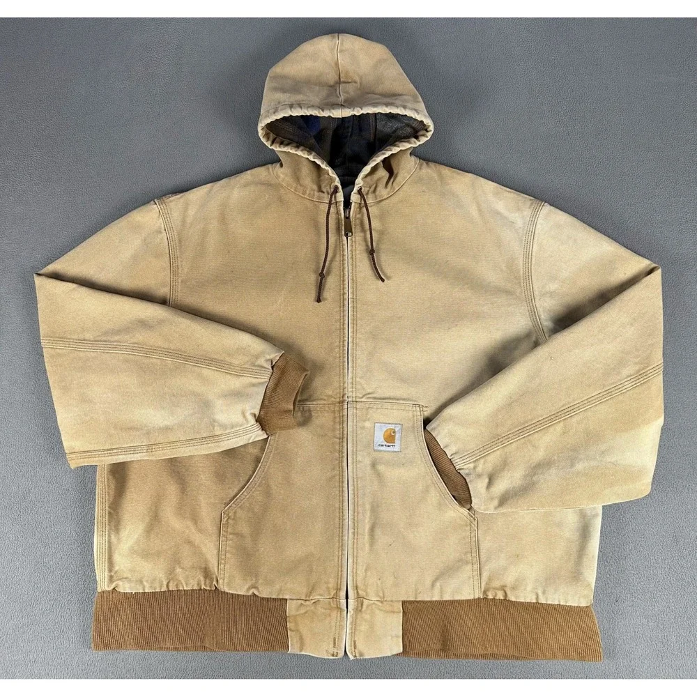 Carhartt Jacket Large Tan Brown JF1006 Faded Duck Canvas Flannel Lined 90s
